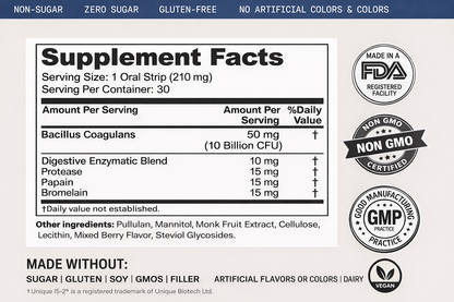 Gut Strips – Probiotic Dissolve Strips for Gut Health & Digestion – 10 Billion CFU, Sugar-Free (30 Strips)